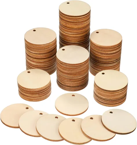 100 piezas de discos de madera redondos sin terminar con orificios, círculos de madera natural en blanco para manualidades, recortes de madera para
