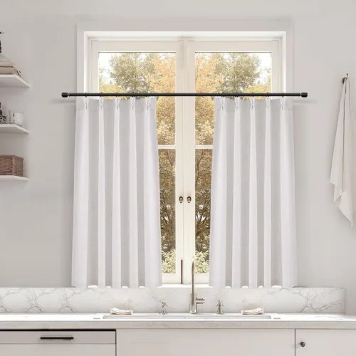 Miniatura 26 de Juego de 2 paneles de cortinas de ventana de cocina beige de 24 pulgadas de largo, con textura de lino, plisadas, filtrantes de luz, semi pequeñas