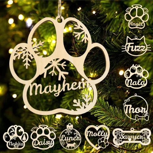 Miniatura 9 de Adorno personalizado de pata de perro y gato, adorno personalizado con nombre de mascota, adornos de madera personalizados para árbol de Navidad