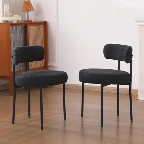 Juego de 2 sillas de comedor negras, sillas de comedor modernas de mediados de siglo, respaldo curvado, sillas de comedor tapizadas redondas con