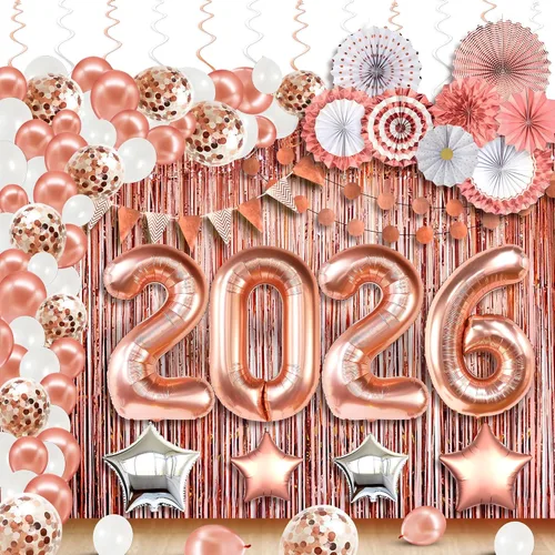 Miniatura 11 de KatchOn, Enormes suministros para fiesta de Nochevieja 2026 – Paquete enorme de 154 Telón de fondo de flecos plateados Globos 2026 Globos