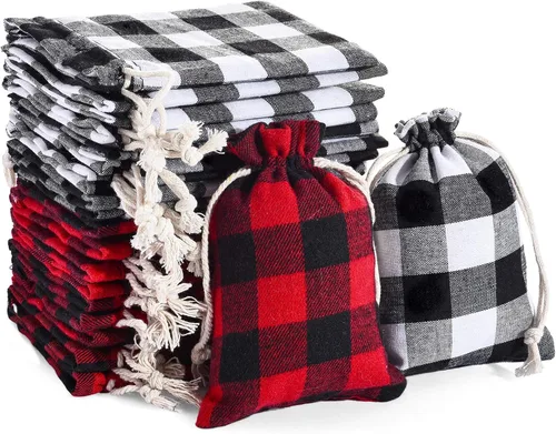 Miniatura 11 de Boao 24 bolsas de Navidad con cordón para regalo de Navidad, a cuadros, de algodón, para suministros de fiesta de dulces de Navidad