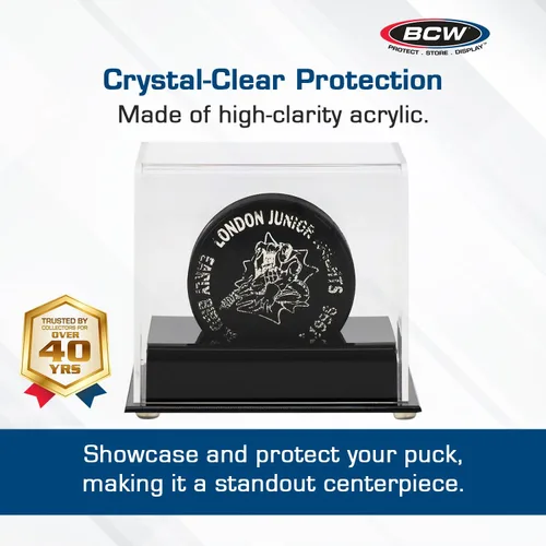 Miniatura 2 de BCW Estuche de exhibición de discos de hockey acrílico, paquete de 3, soporte de disco de lujo con base negra y cubierta transparente, perfecto