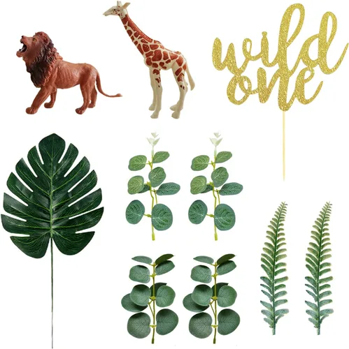 Decoraciones realistas para tartas de animales de la selva de safari con hojas de palma, hojas de eucalipto, decoraciones para tartas para