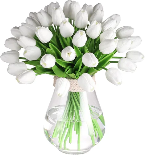 Miniatura 12 de 30 tulipanes artificiales de poliuretano, tulipanes falsos de tacto real rosa para el día de San Valentín, primavera, Pascua, hogar, cocina