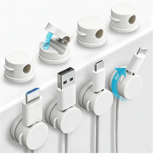 Miniatura 10 de OneLeaf Paquete de 8 clips magnéticos fuertes para cables con rotación de 360°, soporte para cables para mesita de noche, soporte para cargador