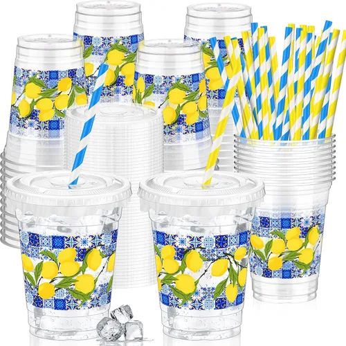 Miniatura 10 de FoldTier 50 piezas de tazas para noche de cine 12 oz Tazas de plástico desechables con pajitas y tapas, tazas transparentes para cine, tazas