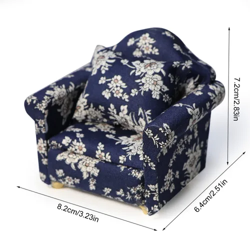 Miniatura 7 de Sofá de casa de muñecas con almohada, sofá miniatura a escala 1 y 12, muebles de sala de estar, marco de tela de madera, silla de lectura Azul