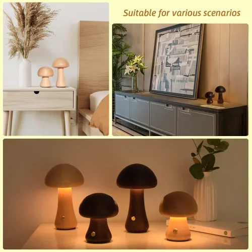 Miniatura 5 de Lámpara única pequeña de madera con forma de hongos, decoración de setas, lámpara de noche, lámpara de hongo recargable para decoración del hogar