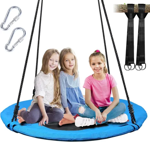 Miniatura 10 de Columpio de árbol de platillo de 40 pulgadas para niños, columpio redondo al aire libre con correas para colgar y cuerdas ajustables, fácil montaje