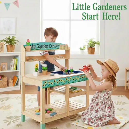Miniatura 5 de Bloom & Grow Centro de jardinería de juguete de madera para interiores, juego de 22 piezas de soporte de jardín con flores, paquete de semillas