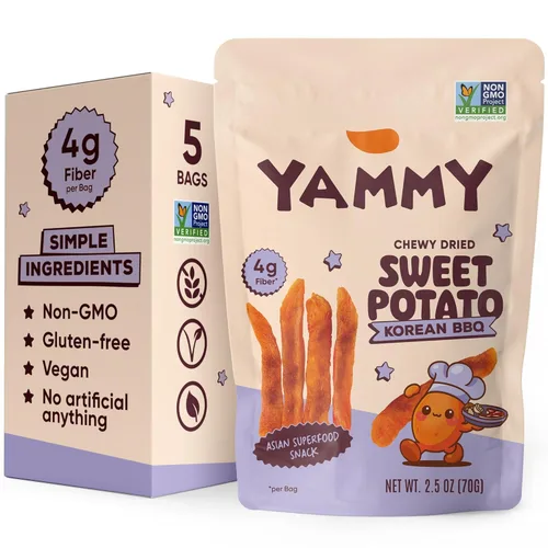 Yammy Palitos de batata secos masticables (barbacoa coreana paquete de 5) – Snack asiático saludable para adultos y niños (súper comida japonesa y