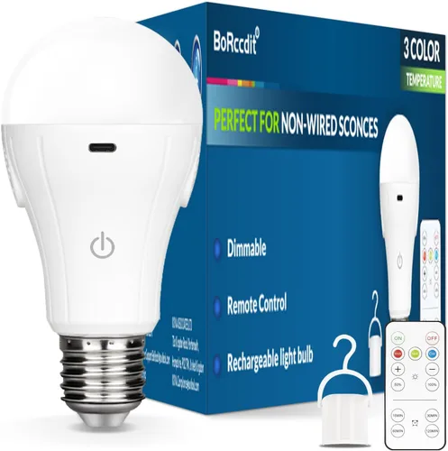 BoRccdit CordlessGlow Bombillas de Luz Recargables de 15W con Control Remoto, 3 Temperaturas de Color y Bombilla de Luz con Batería Regulable,