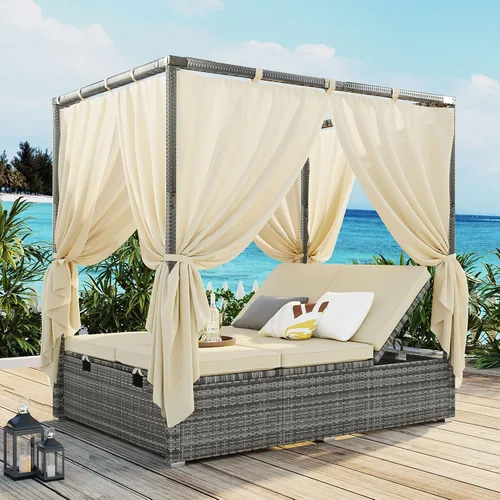 Miniatura 13 de Sofá cama redondo de ratán al aire libre con toldo retráctil y mesa de centro elevadora, muebles de patio, juego de sofá para piscina Garde
