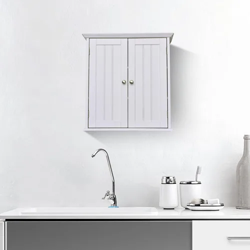 Miniatura 4 de Armario montado en la pared, ahorro de espacio sobre el inodoro, armario de almacenamiento de madera blanca con puertas dobles y 3 estantes fijos