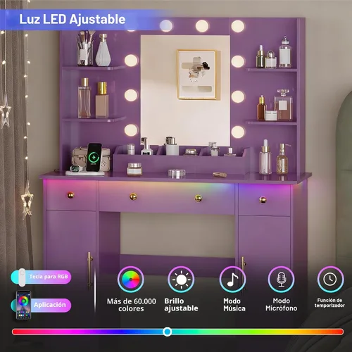 Miniatura 5 de HUANLEGO Escritorio de tocador con espejo y luces, tocador de maquillaje con espejo y luces LED y toma de corriente, 3 cajones y armarios, 3 modos