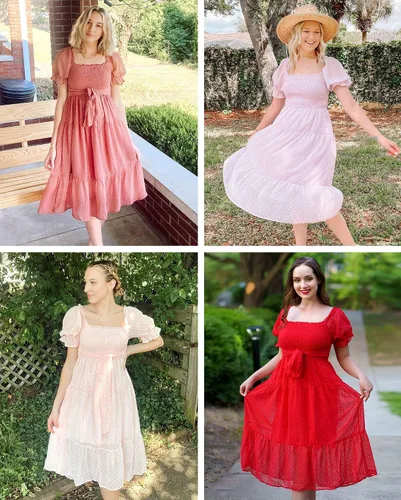 Miniatura 5 de MEROKEETY - Vestido de verano con lunares suizos para mujer vestido midi con cuello cuadrado, mangas abombadas, volados, lazo en la espalda
