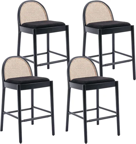 Miniatura 12 de DUOMAY Juego de 2 taburetes de mostrador modernos de ratán beige, 26 pulgadas de altura - Taburetes de bar de madera tapizados en lino con respaldo