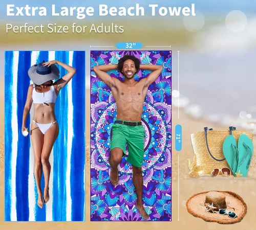 Miniatura 20 de Paquete de 2 toallas de playa ligeras y delgadas de gran tamaño de 71 x 32 pulgadas, toallas grandes de microfibra extra grandes sin arena
