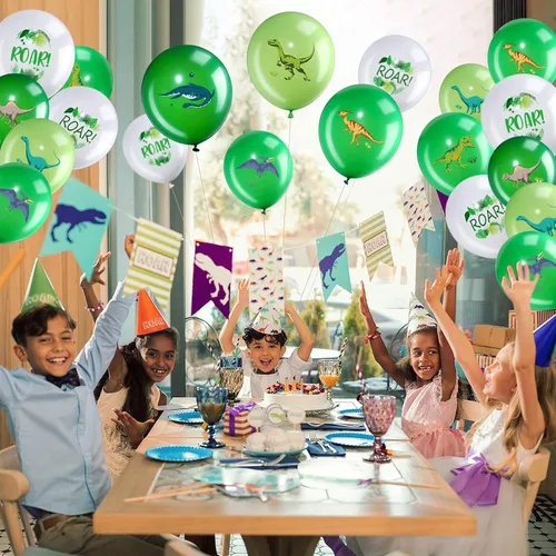 Miniatura 6 de Zomiboo 36 globos de dinosaurio de 12 pulgadas con estampado de dinosaurios para fiestas de cumpleaños de niños, látex de dinosaurio verde y blanco