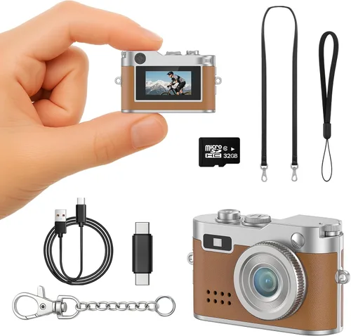 Mini cámara retro con video de 1080P, fotos de 12 MP, cámara digital con llavero, cámara pequeña ultracompacta con tarjeta SD de 32 GB, adaptador