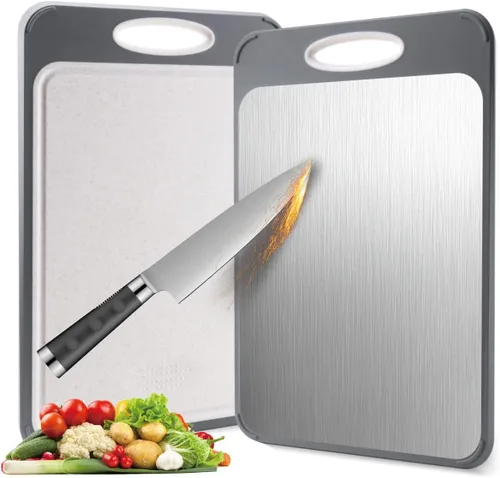 Miniatura 8 de Tablas de cortar 2 en 1 no tóxicas para aficionados a la cocina gourmet, acero inoxidable 304 y paja de trigo de grado alimenticio, diseño de doble