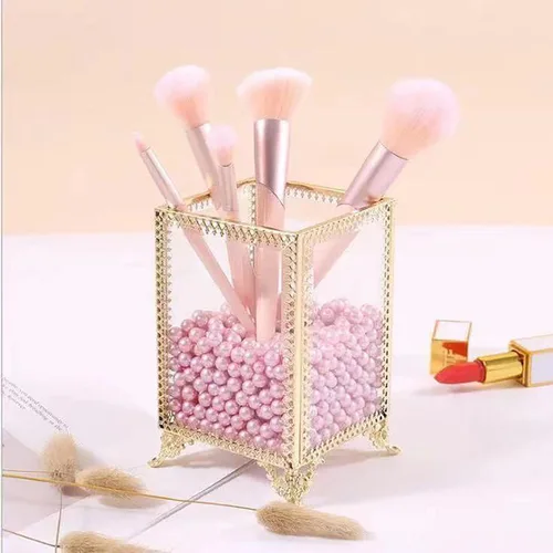 HKS Soporte para brochas de maquillaje, organizador de cristal vintage hecho a mano con perlas rosas para cepillo de uñas, tocador, baño, tocador,