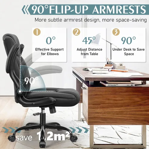 Miniatura 4 de Silla de cuero PU con soporte ergonómico lumbar, gira 360°, pequeña, ruedas, reposabrazos ajustables, para gente chaparra, para escritorio, Negro