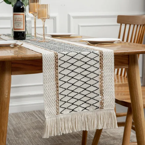 Miniatura 5 de Camino de mesa, estilo bohemio con borlas, algodón y lino, decoración del hogar de estilo granja para sala de estar, cubrecómodas