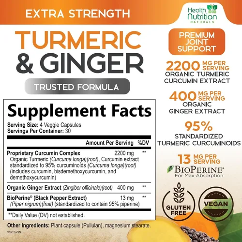 Miniatura 2 de Suplemento de curcumina de cúrcuma – 2200 mg de complejo de curcumina por porción – 95% curcuminoides, jengibre orgánico y pimienta negra BioPerine