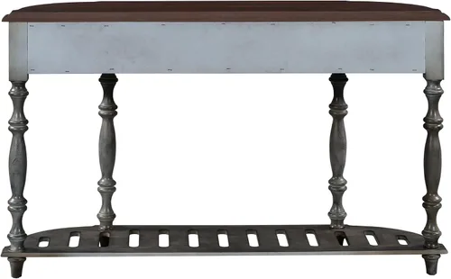 Miniatura 9 de LUMISOL Mesa de sofá estrecha con diseño curvo circular retro, mesa de consola con 4 cajones de almacenamiento y estante abierto, gris retro Gris