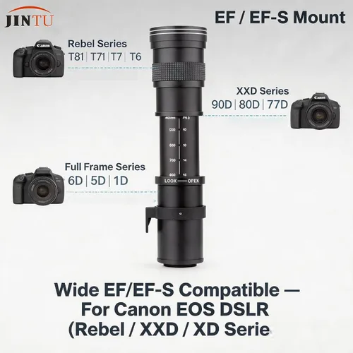 Miniatura 6 de JINTU 420-800mm f/8.3 Lente Zoom Telefoto Manual + Montura T para Canon EOS Rebel SL2 SL1 T3 T3i T4i T5 T5i T6 T6i T6s T7 T7i 4000D 6D 7D 60D 70D