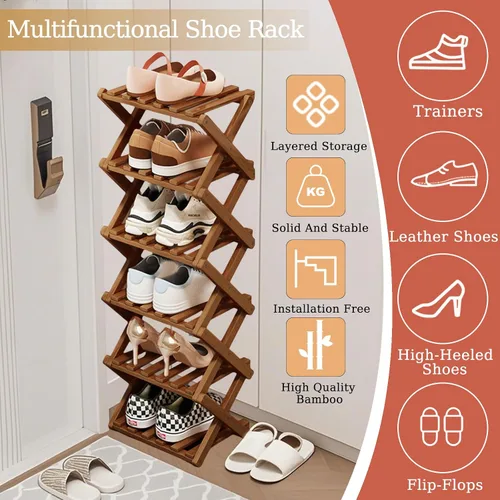 Miniatura 3 de Comeon Zapatero de bambú, zapatero vertical plegable para puerta delantera, entrada, organizador estrecho de zapatos, estante pequeño para zapatos