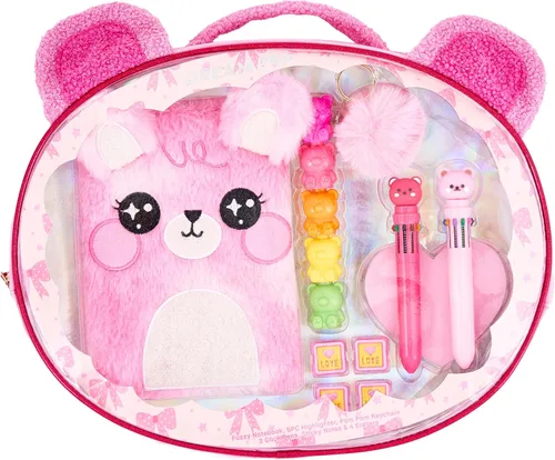VOTUM Fuzzy Bear - Juego de regalo de papelería para niños, cuaderno de felpa, resaltadores apilables, bolígrafos de clic, notas adhesivas y