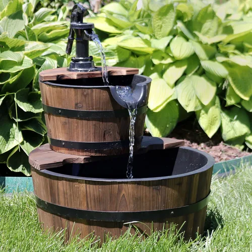 Miniatura 7 de Sunnydaze - Fuente de agua de barril de madera de 2 niveles, fuente de bomba de agua vintage de 23 pulgadas con bomba sumergible, para jardín