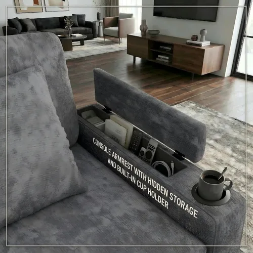 Miniatura 5 de Sofá modular de 81 pulgadas, sofá cama de 5 plazas en forma de L con cama extraíble, almacenamiento oculto, portavasos y puertos de carga USB, sofás
