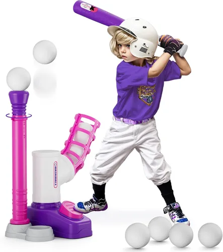 HYES Juego de Tball para Niños Pequeños de 3-5 Años, Set de Pelota con Máquina de Lanzar de Pedal/Tee de Bateo Ajustable/Bate de Béisbol Retráctil/8