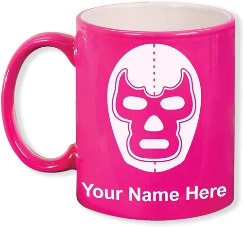 Miniatura 10 de LaserGram Taza de café redonda de cerámica de 11 oz, máscara de Luchador, grabado personalizado incluido (negro)