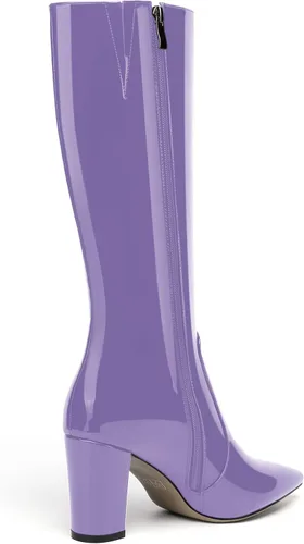 Miniatura 131 de AMBELIGHT Botas altas hasta la rodilla con cremallera y puntera puntiaguda para mujer, de patente sólida, tacón alto, 3.3 pulgadas