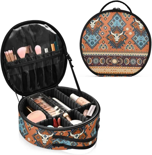 Miniatura 6 de ALAZA Bolsa de cosméticos de calaveras geométricas aztecas tribales indias, estuche organizador de maquillaje de viaje, bolsa de aseo portátil