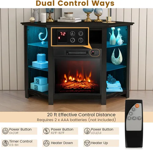 Miniatura 9 de COSTWAY Soporte de TV de esquina con chimenea eléctrica con luces LED de 16 colores, 3 brillos, control remoto y aplicación, moderno centro de Negro