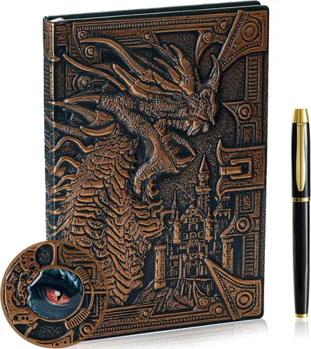 Miniatura 9 de Cuaderno de escritura de diario de dragón en relieve 3D con juego de bolígrafos, diario DND de tapa dura hecho a mano, bloc de notas diario
