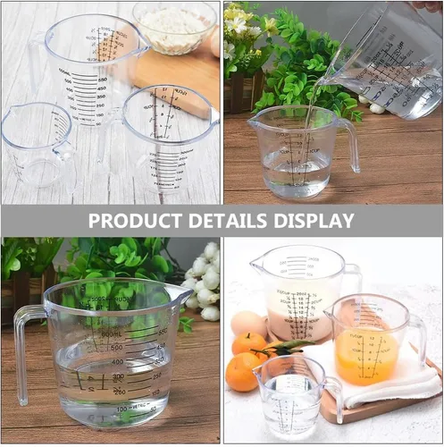Miniatura 5 de HEMOTON Juego de 3 tazas medidoras de plástico, transparente, de grado alimenticio fuerte, copa de vino líquida pesada para cocina, hornear