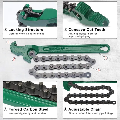 Miniatura 4 de Llave de cadena de trinquete resistente de 9 pulgadas, herramienta reversible de filtro de aceite, herramientas de accesorios de tubería, ajuste