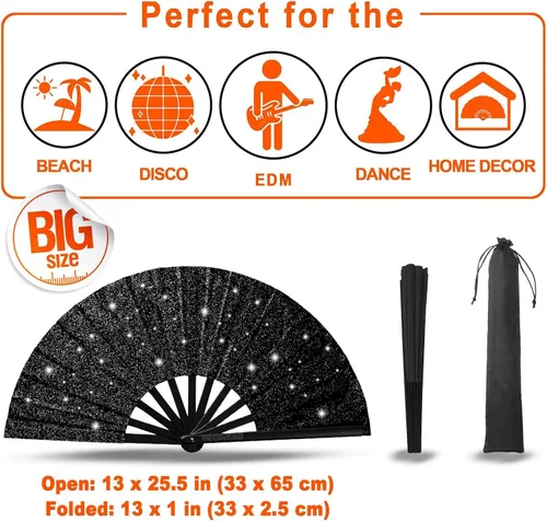Miniatura 3 de OMyTea Ventilador grande con purpurina para baile de línea, botas de 13 pulgadas en el suelo, ventilador de mano plegable para EDM, festival de Negro