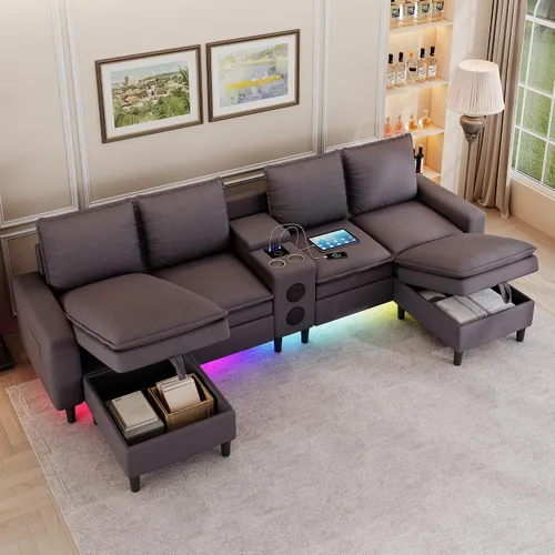 Miniatura 9 de Sofás Seccionales para Sala de Estar, Sofá Seccional de 4 Asientos con Módulo Inteligente-Altavoz Bluetooth/Luz RGB/Estación de Carga, Sofá de Nube
