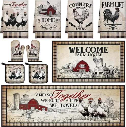 Fourluoo Juego de 10 toallas de cocina de pollo estilo granero, juego de manoplas de horno y soportes para ollas, juego de decoración de cocina de