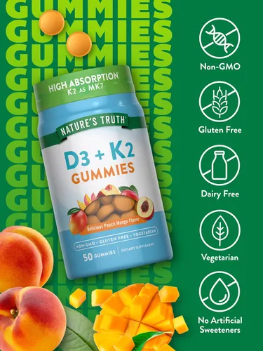 Miniatura 3 de Nature's Truth Gomitas de vitamina D3 + K2 50 unidades Sabor melocotón y mango Suplemento vegetariano, sin OMG y sin gluten