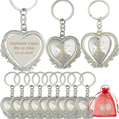 12 piezas personalizado Quinceañera Recuerdos Para Quinceañera Corazón llaveros Dulce 16 Quinceañera Rojo