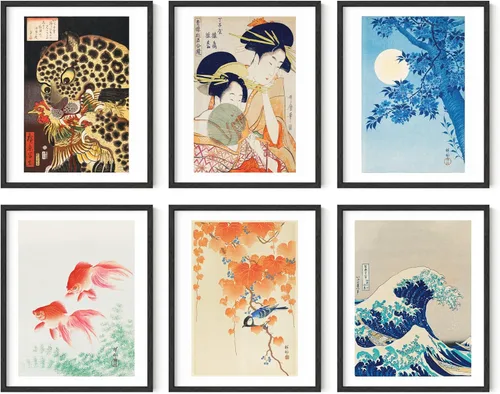 Miniatura 8 de HAUS AND HUES Impresiones de arte asiático, juego de 6 decoraciones japonesas contemporáneas de pared, pinturas de hokusai, carteles de ondas, Juego